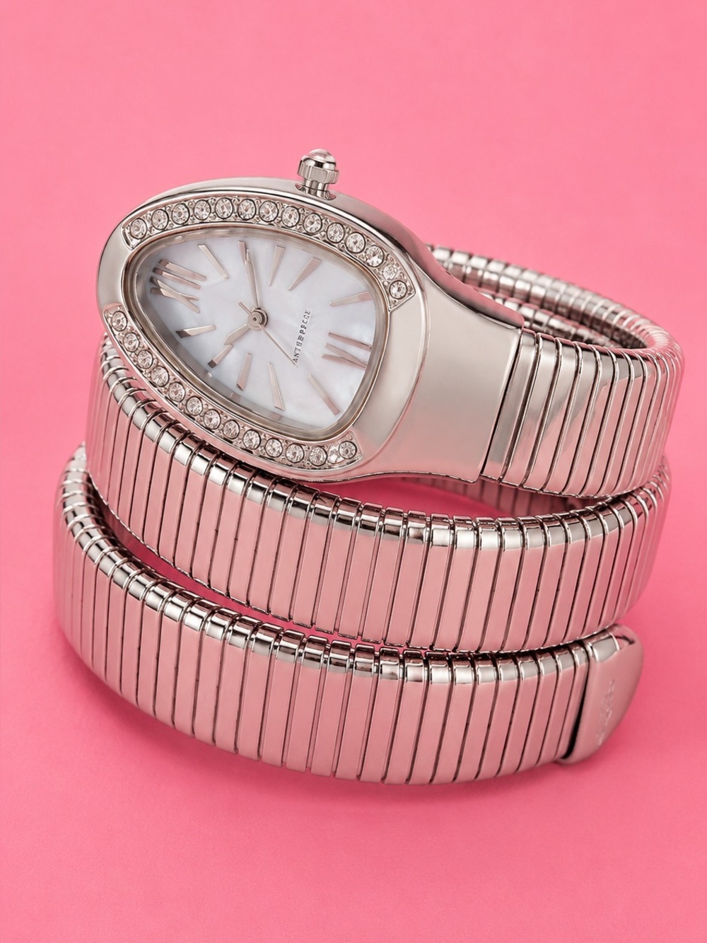 Serpenti Silver Snake Crystal-Trim Coil Watch with Mother-of-Pearl Dial